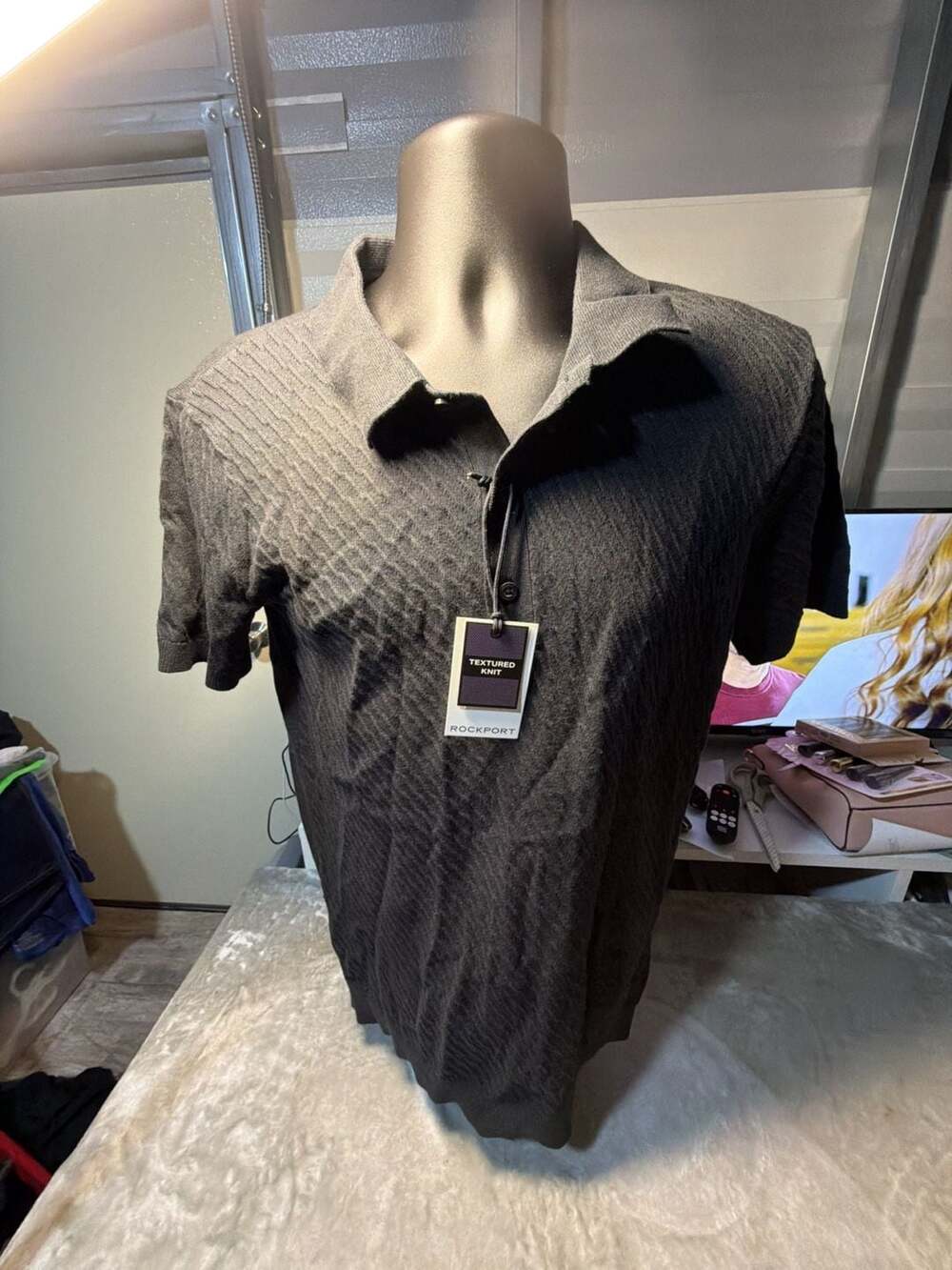 Rockport Mens Textured Knit Short Sleeve Polo Shirt Black Size S New